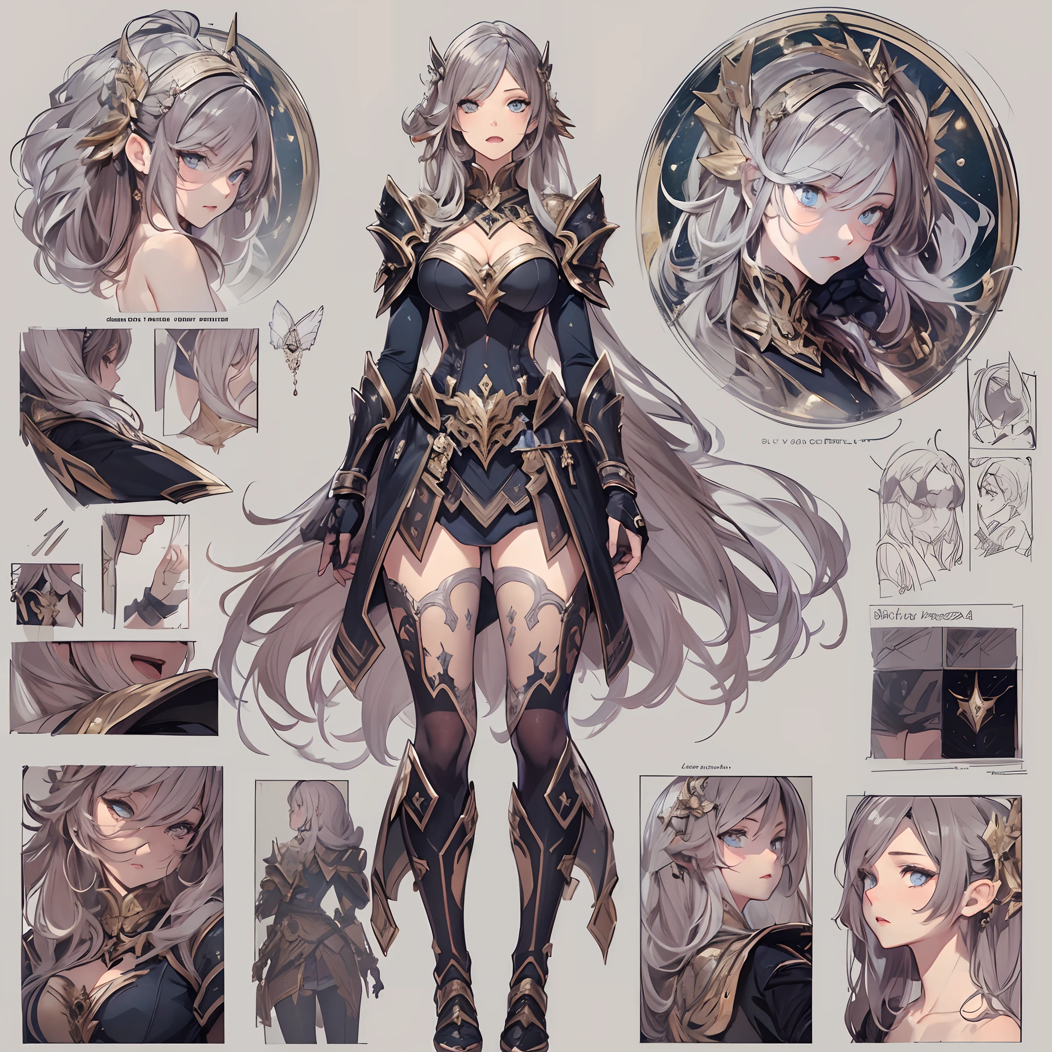 ((Masterpiece, Highest quality)), Detailed face, CharacterDesignSheet， full bodyesbian, Full of details, Multiple poses and expressions, Highly detailed, Depth, Many parts，Beautiful paladin girl，Pure black，estilo fantasia，Holding a shield，Extremely beautiful，High Balance, Natural light, Lace，lacepantyhose，starrysky，Star decoration