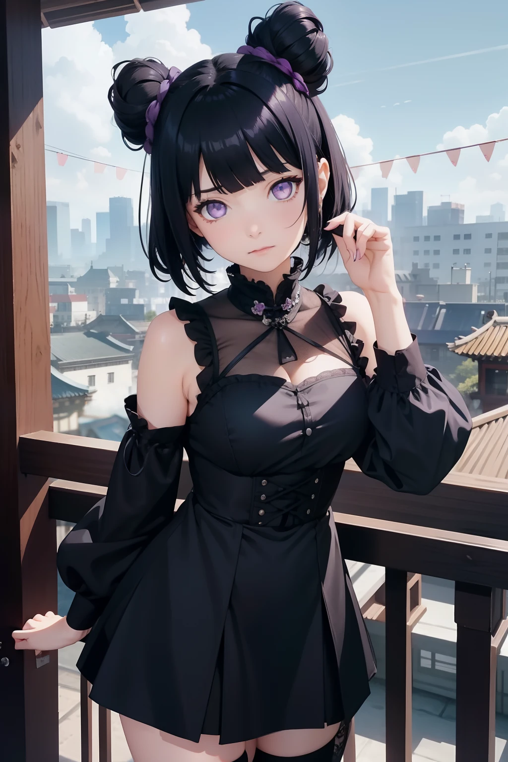 Gothic lolita、a miniskirt、chinese clothes、A dark blue-haired、Bun head、Futomo、Sleeved、Sleeveless、Eye Highlights、​masterpiece、top-quality、top-quality、Beautifully Aesthetic:1.2)、(1girl in:1.3)、looking at the viewers、Chinatown、​​clouds、Blunt Bangs、Throat and face, purple eyes
