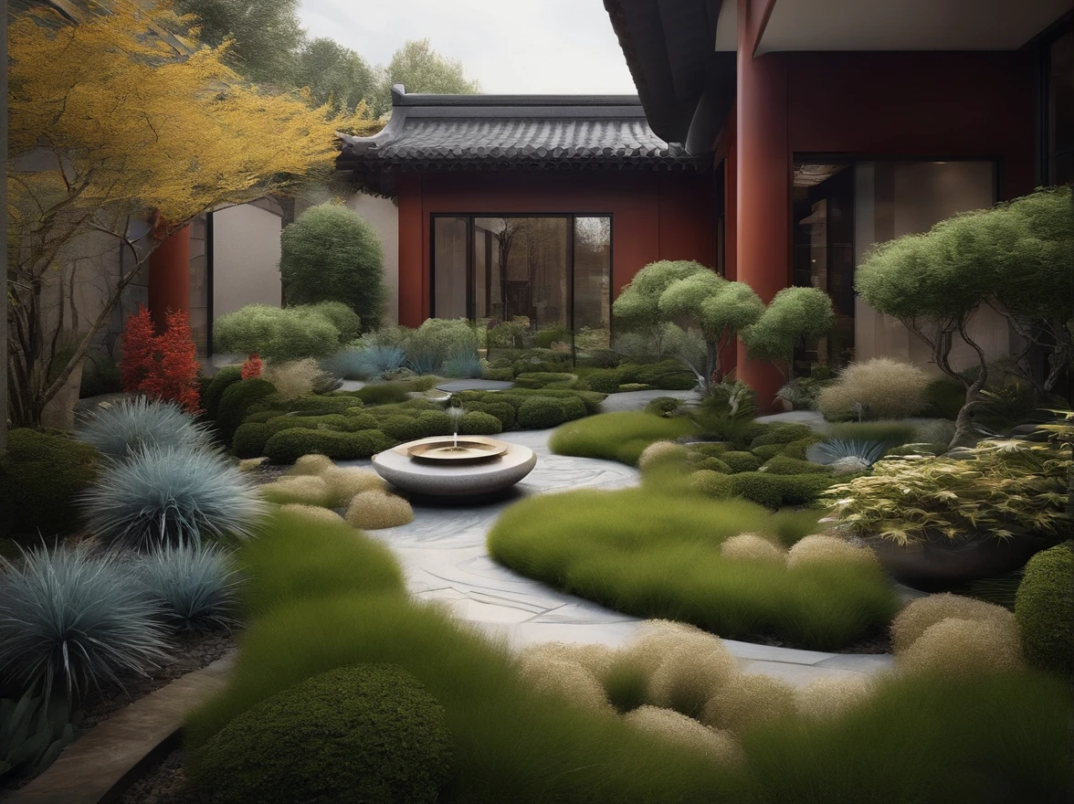 Modern Chinese private garden design,A group of shrubs、Fountain grass、Blue agave、Tree、MIR renderings、snowy day