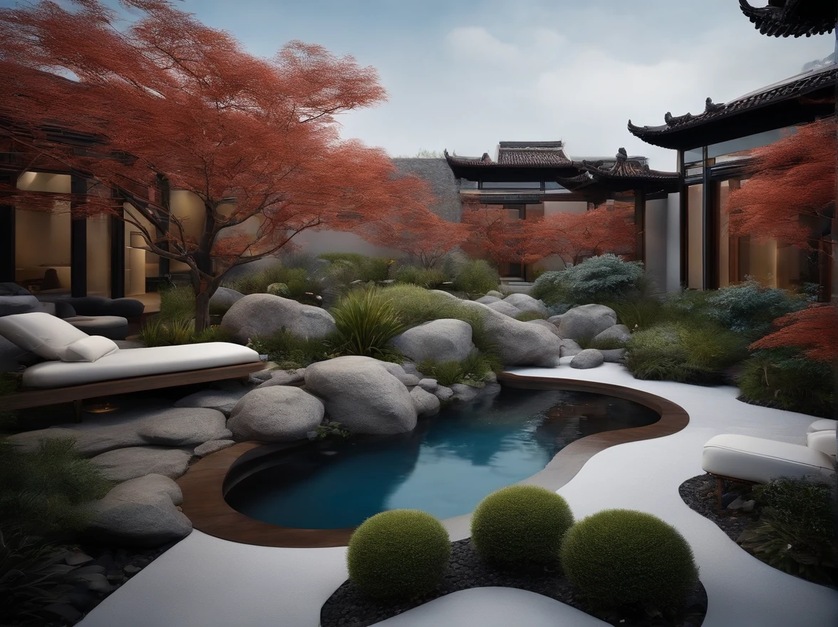 Modern Chinese private garden design,A group of shrubs、Fountain grass、Blue agave、Tree、MIR renderings、snowy day