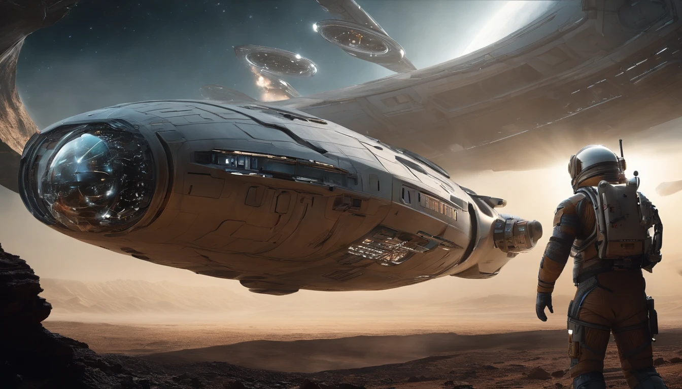 Best quality, , 超高分辨率, (Realistic photography:1.4), ultra-realistic realism, A futuristic complex spaceship stands still in space, Its hull was damaged, Robots and astronauts are repairing it, The vastness of the universe is in the background, Outstanding details, Cinematic footage