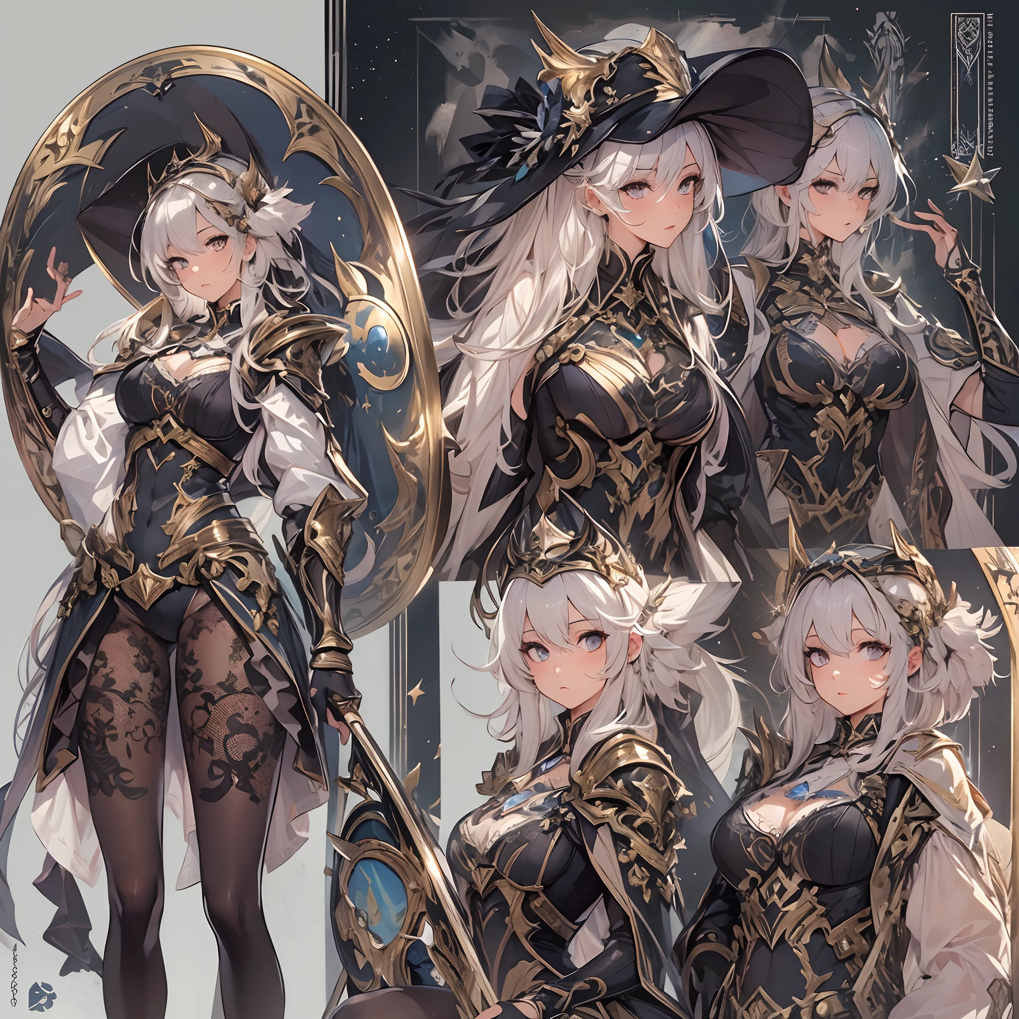 closeup of a woman, tight pants, white colored hair, hairlong, pony tail, hair ornament, gray eyes, white shirt, corset, metal cuffs, black gloves, cloak, high boots, Metal greaves, Waist case, medieval theme, looking a viewer, Fantasy art, Beautiful painting of characters, Works of art in the style of Guvaika, epic exquisite character art, stunning character art, Beautiful Killer Woman (reference sheet:1.5)
