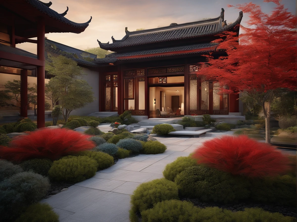 Modern Chinese private garden design，A group of shrubs、Fountain grass、Blue agave、Tree、MIR renderings、exquisite detailing，Tang dynasty style，Red Maple