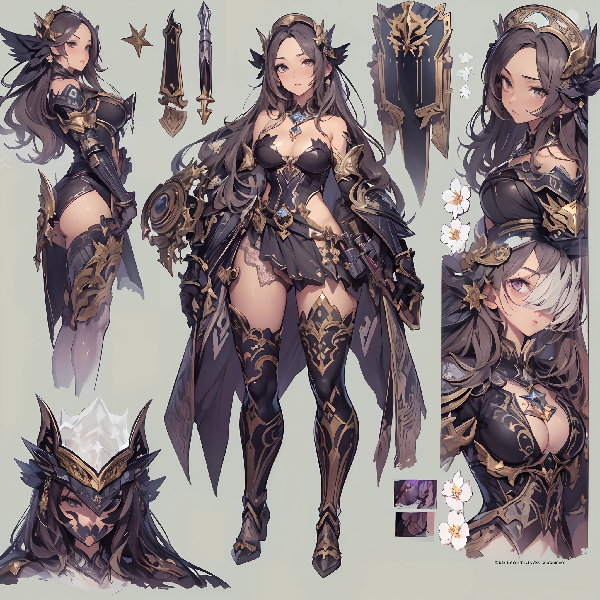 ((Masterpiece, Highest quality)), Detailed face, CharacterDesignSheet， full bodyesbian, Full of details, Multiple poses and expressions, Highly detailed, Depth, Many parts，Beautiful paladin girl，Pure black，estilo fantasia，Holding a shield，Extremely beautiful，High Balance, Natural light, Lace，lacepantyhose，starrysky，Star decoration