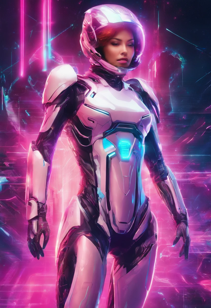 old VHS aestetics epic action 80s anime cyberpunk synthwave female superhero in high tech power suit fully powered metallic surface energy pulsating heroic pose glowing aura glowing suit