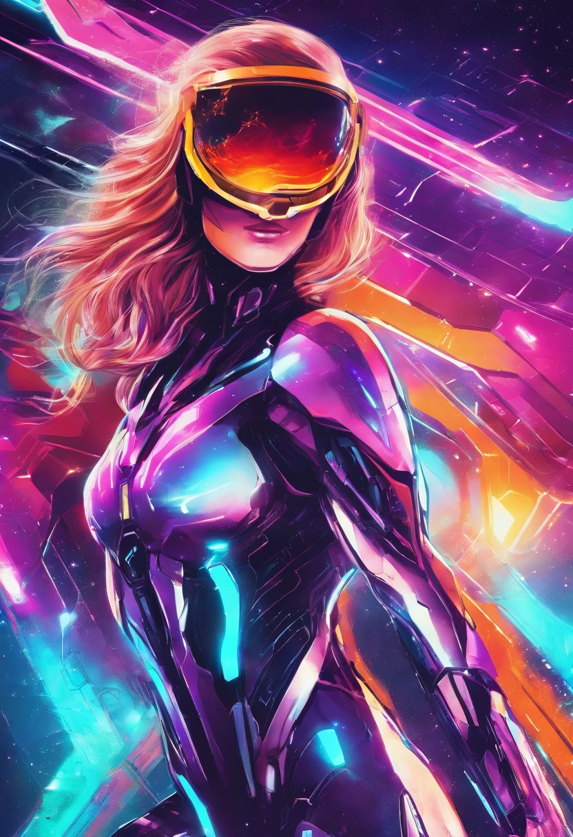 old VHS aestetics epic action 80s anime cyberpunk synthwave female superhero in high tech power suit fully powered metallic surface energy pulsating heroic pose glowing aura glowing suit