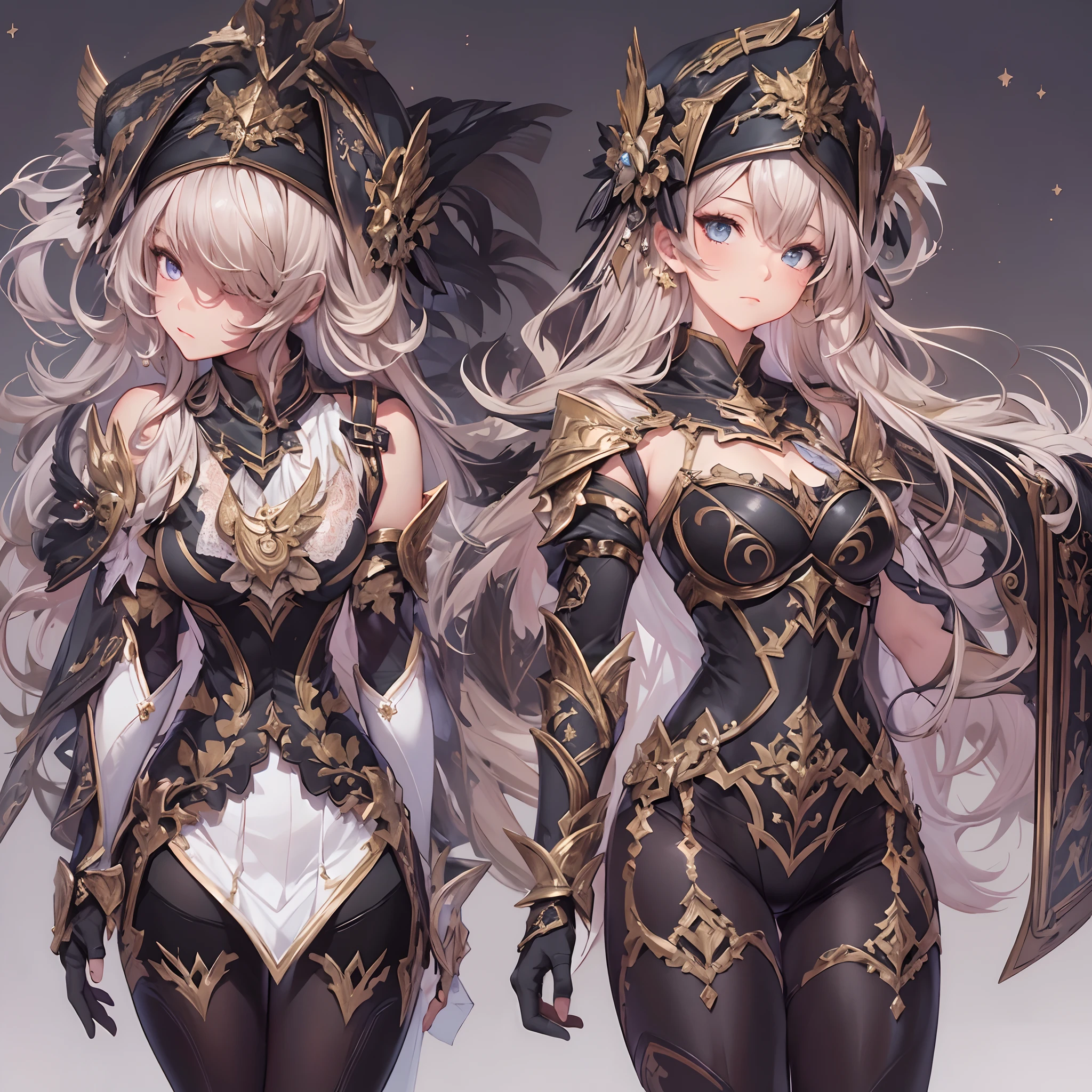 ((Masterpiece, Highest quality)), Detailed face, CharacterDesignSheet， full bodyesbian, Full of details, Multiple poses and expressions, Highly detailed, Depth, Many parts，Beautiful paladin girl，Pure black，estilo fantasia，Holding a shield，Extremely beautiful，High Balance, Natural light, Lace，lacepantyhose，starrysky，Star decoration