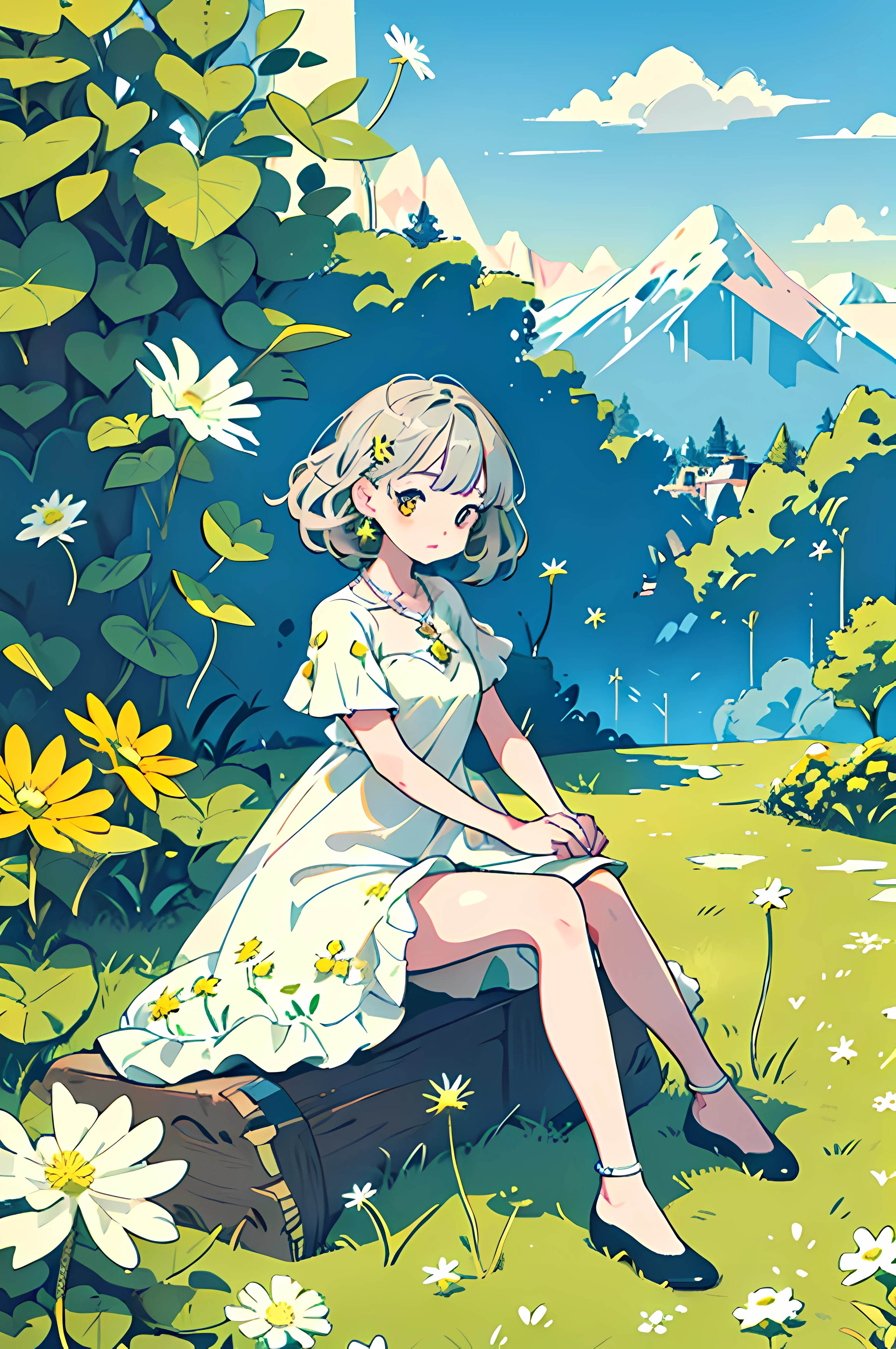 (Best quality, 4K, 8K, highs, Masterpiece: 1.2), Ultra detailed, Any time, Illustration art, Cardboard style, （（Girl sitting on grass：1.4））, Distance from mountains, urban skyline, White daisies, Yellow dress, Straight dress, Beautiful and detailed facial features, Pink lips, Brown eyes, Silver-gray hair, star-shaped earring, Exit the necklace, Modern minimalist attributes, Full body shot, Portrait photography, cinema shot, (Dancing dandelion: 1.3)