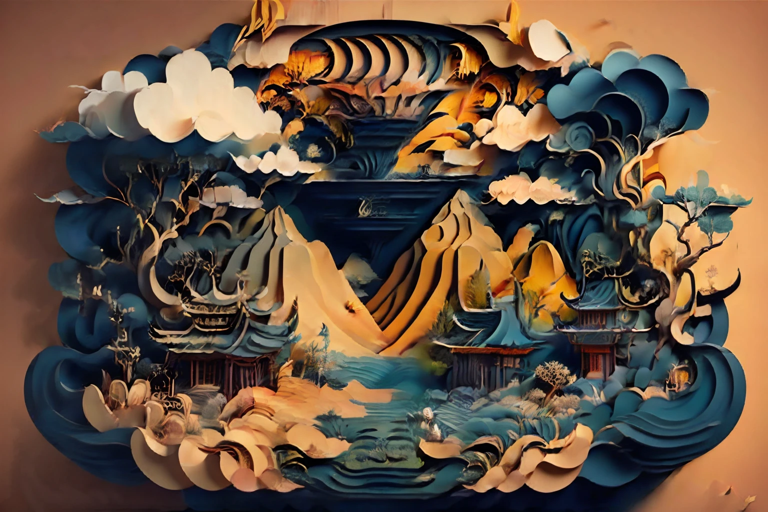 3D Paper Cut Multidimensional Paper Cutting - Paper cutting,Chinese Painting Chinese illustration,Charming Chinese garden scenery,Light beige background,Gradient pasta style