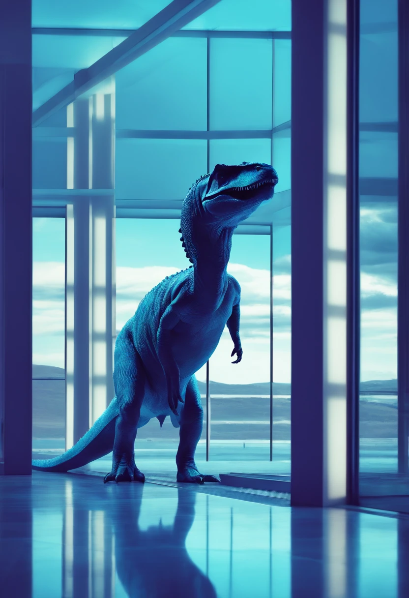 abstrato de dinossauro rex, colorido, projetando 3 sombra coloridas, estilo sombra, Colors: lilac blue and cyan blue, fundo do quadro todo branco