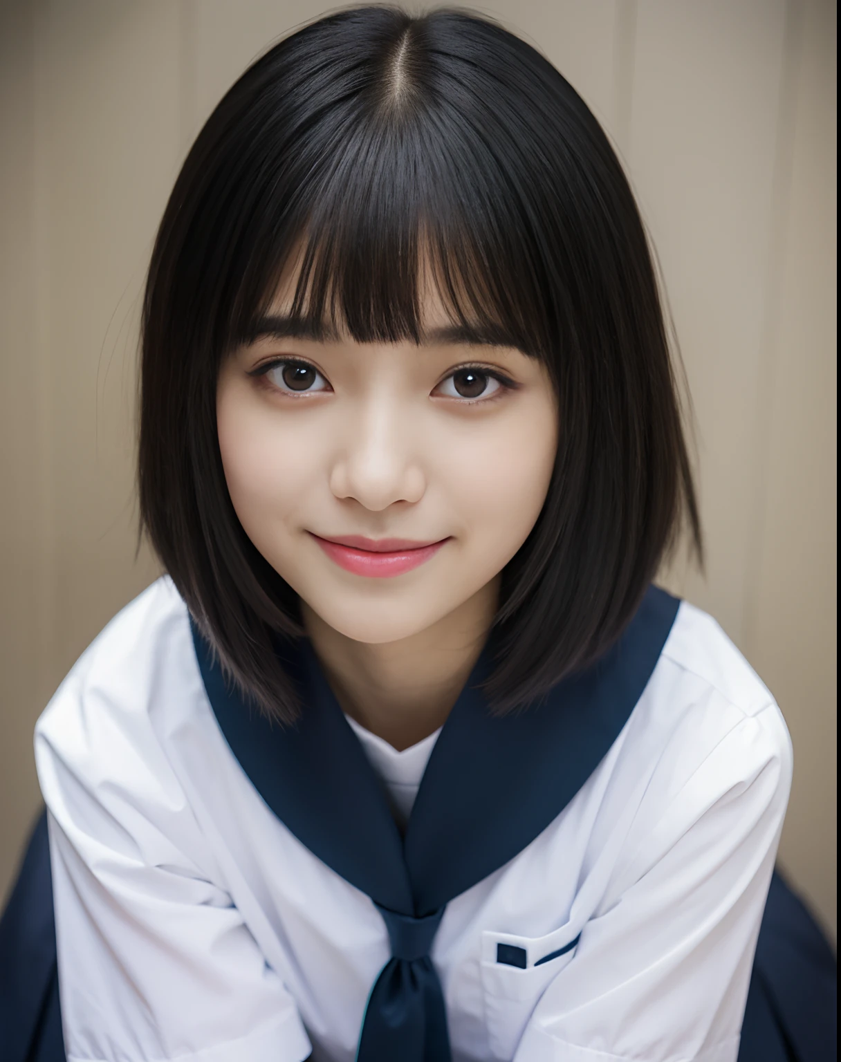 zydG, 1girl in, More skin, Look at viewers, Brown-eyed, (Black hair straight hair with bangs:1.2), cparted lips, tusk, A smile, (Face Focus:1.4), write,
(Photorealsitic:1.4), (Top image quality:1.0), (超A high resolution:1.0), 8K, Raw photography, (masterpiece:0.2), (Japan schoolgirl traditional school uniform、White short sleeve sailor uniform:1.2), (Navy blue pleated skirt:1.2), portlate,
(15age)、 (Beautiful figure:1.2)、((beautiful countenance、Beautiful figure:1.2))、(hyper pretty face:1.5), (drooing eyes:1.2), Black hair straight, bangss、Nogizaka46、AKB48、Wolf Cut Hair、