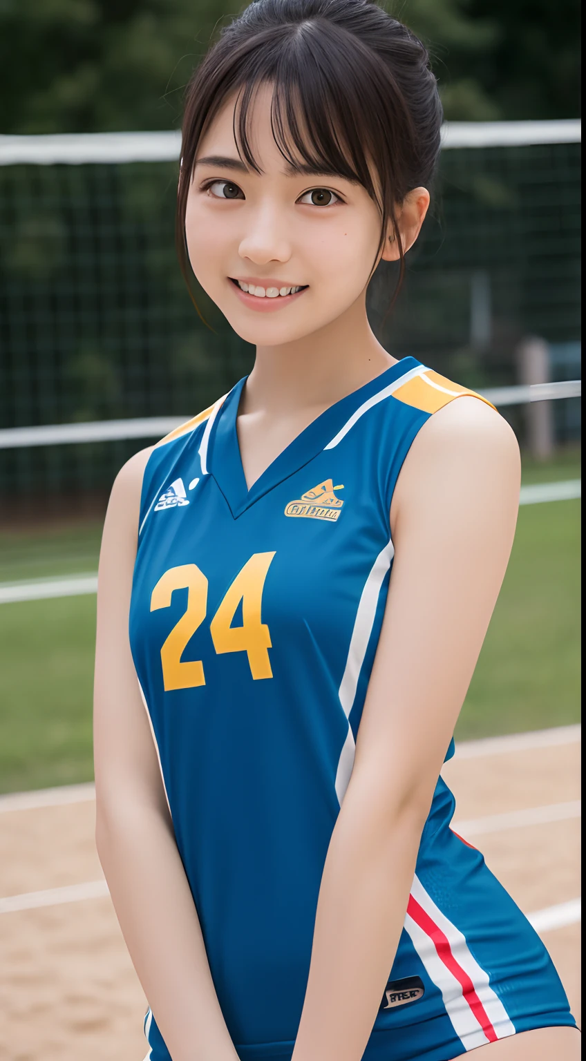 highest quality, masterpiece, ultra high resolution, 8k, to be born, (realistic:1.4), professional lighting, written boundary depth, (detailed background:1.5), (indoor, sports Center), tight, dynamic pose, 1 girl, cute, smile, Sweat, open your mouth, big breasts, short hair, fine clothes, (volleyball uniform:1.3),thick thighs
