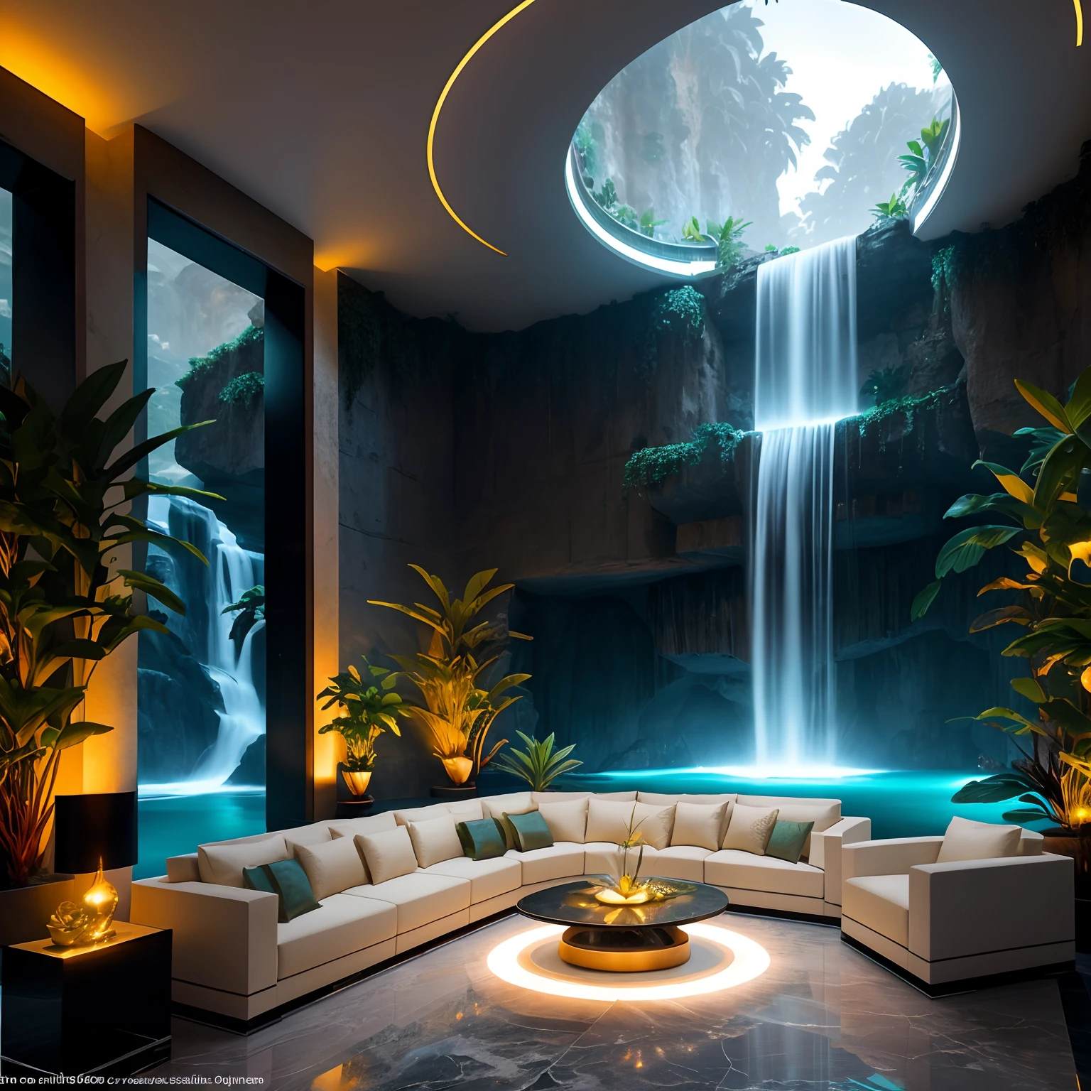 incredible luxurious futuristic living room interior in Ancient Egyptian style with many (((lush plants))), ((beautiful flowers)), (lotus flowers), ((palm trees)), rocky walls, ((sand)), ((waterfalls)) (marble), ((precious minerals)), ((metals)), (gemstones), crystals, clouds and ((water)), curvy futuristic furniture, crocodiles, (hieroglyphics), (((ultra luxury))), (black marble) – with ((beautiful lights)), Unreal Engine, HQ, 16k