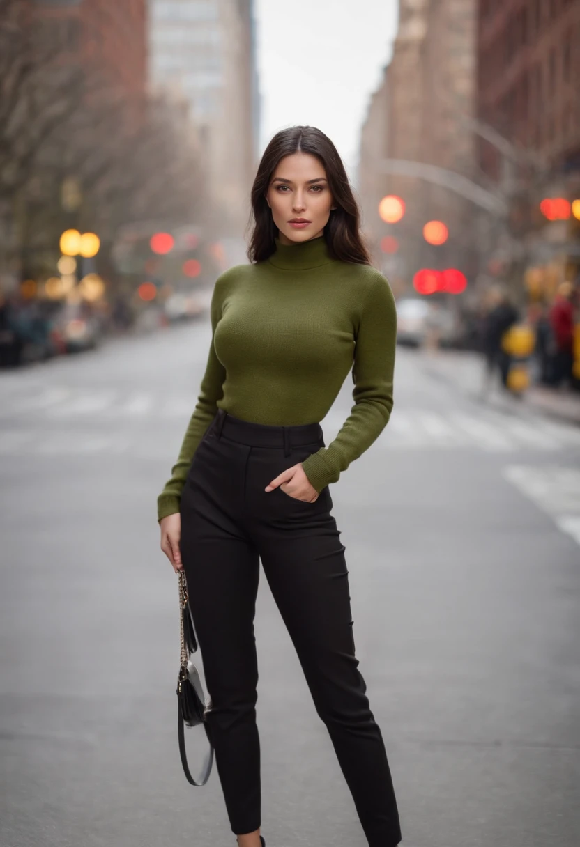 emilisia gomezi, tall, gorgeous, spanish descent, age 23, smooth skin, black hair. red color turtle neck, black fitting pants, simple silver necklace, working at the underground base, highly detailed, well lit, 8k, reviewing artifacts, holding a long whip. amazing detail, slim curvy, tall, wearing olive green, cleavage, wearing sweater, in New York, nyc street