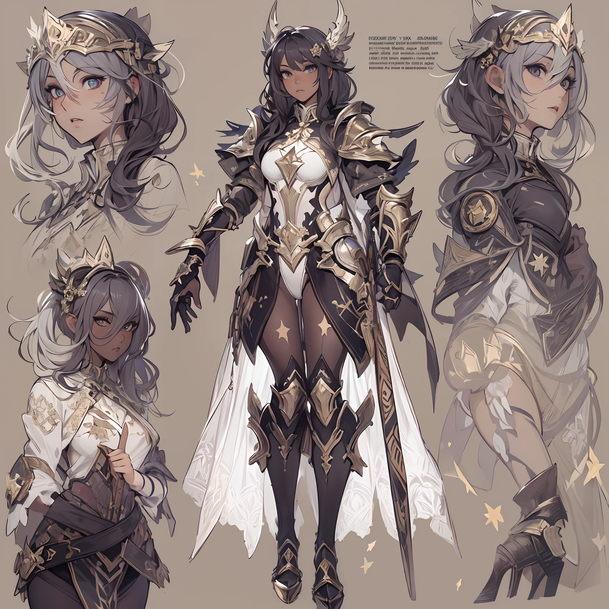 ((Masterpiece, Highest quality)), Detailed face, CharacterDesignSheet, full bodyesbian, Full of details, Multiple poses and expressions, Highly detailed, Depth, Many parts,Beautiful paladin girl,Pure black,estilo fantasia,Holding a shield,Extremely beautiful,High Balance, Natural light, Lace,lacepantyhose,starrysky,Star decoration