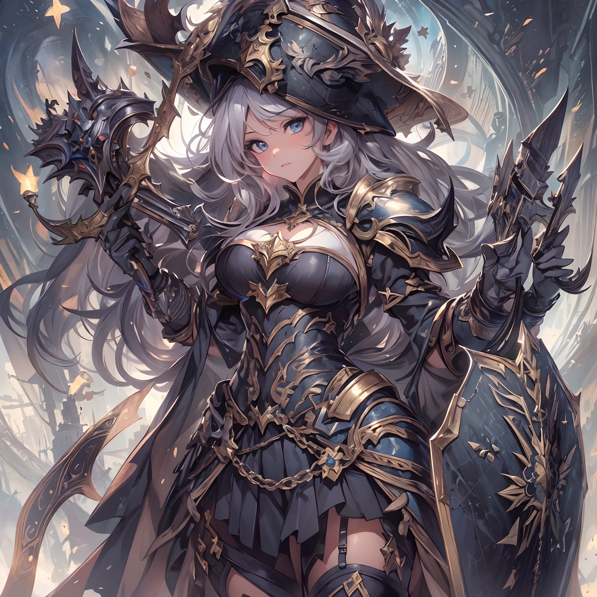 masterpiece, best quality, 1woman, older MILF, female focus, solo, black hair, long hair with fringe, vibrant blue eyes, looking at viewer, cape, High quality metal texture, closed mouth, bangs, high collar,(kbxll:0.6), Fantasy aesthetics, Highly detailed, shadowverse style
