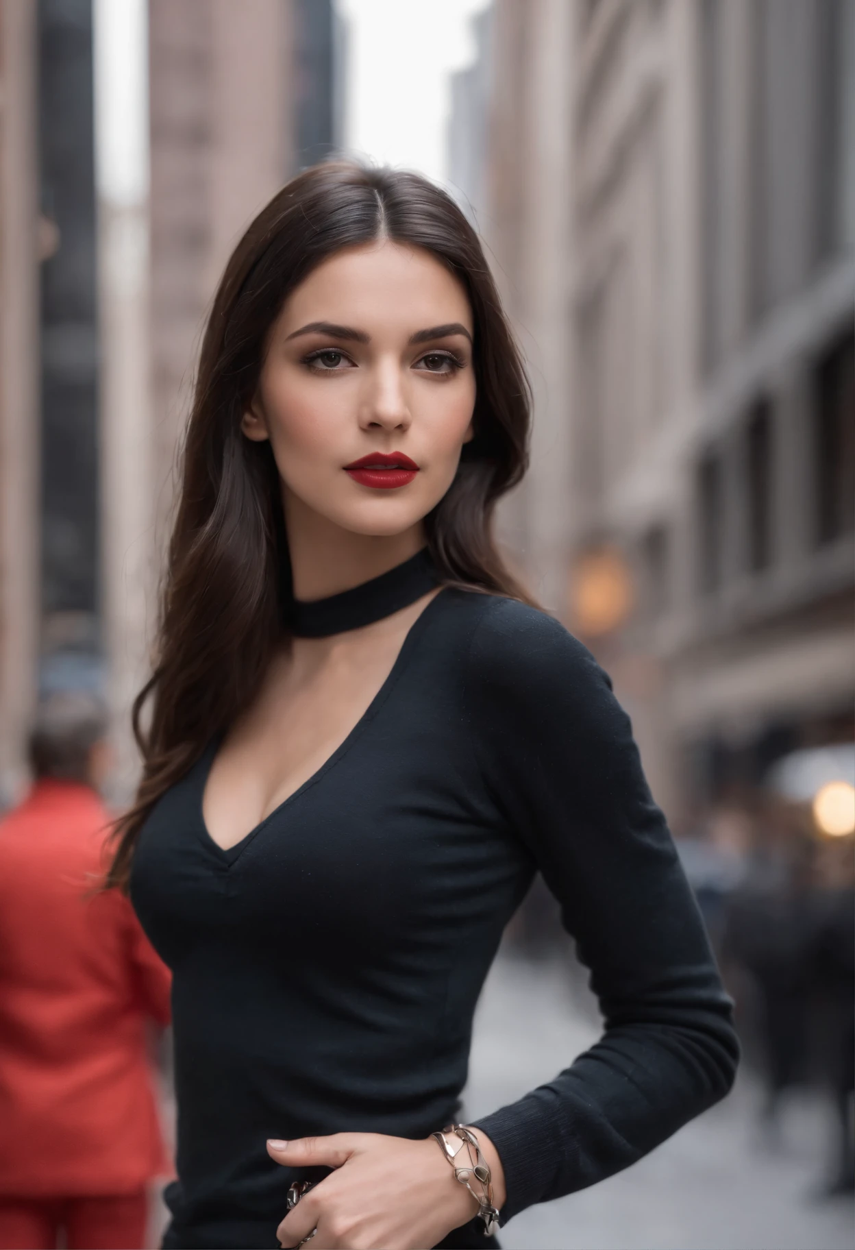 emilisia gomezi, tall, gorgeous, spanish descent, age 23, smooth skin, black hair. red color turtle neck, black fitting pants, simple silver necklace, working at the underground base, highly detailed, well lit, 8k, reviewing artifacts, holding a long whip. amazing detail, slim curvy, tall, wearing olive green, cleavage, wearing sweater, in New York, nyc street
