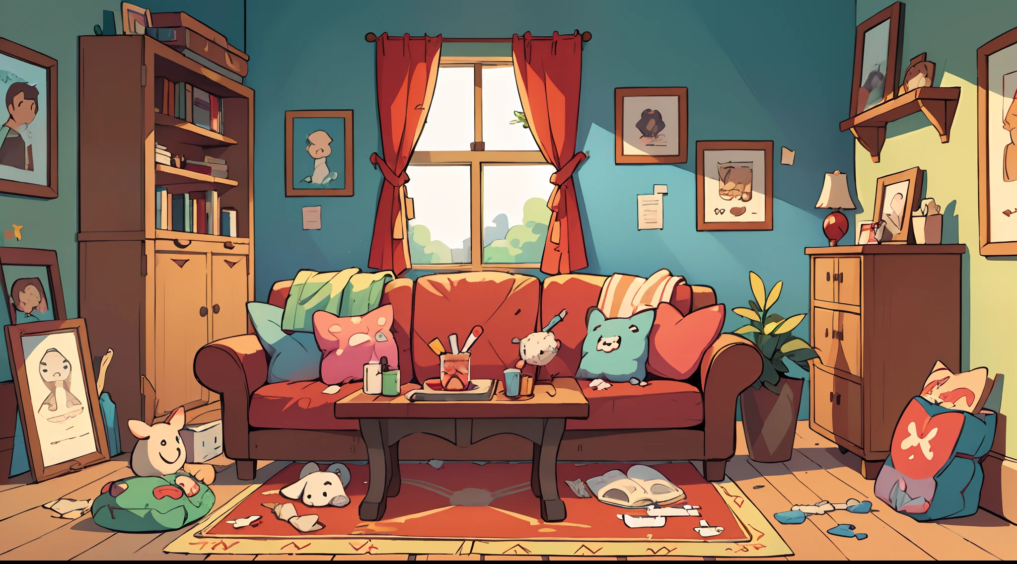 ((beste-Qualit, tmasterpiece)), 
background. room, the cupboard, a table, window, Sofa, rug, Miscellaneous Details, posters, ornaments, toys, Comfort.