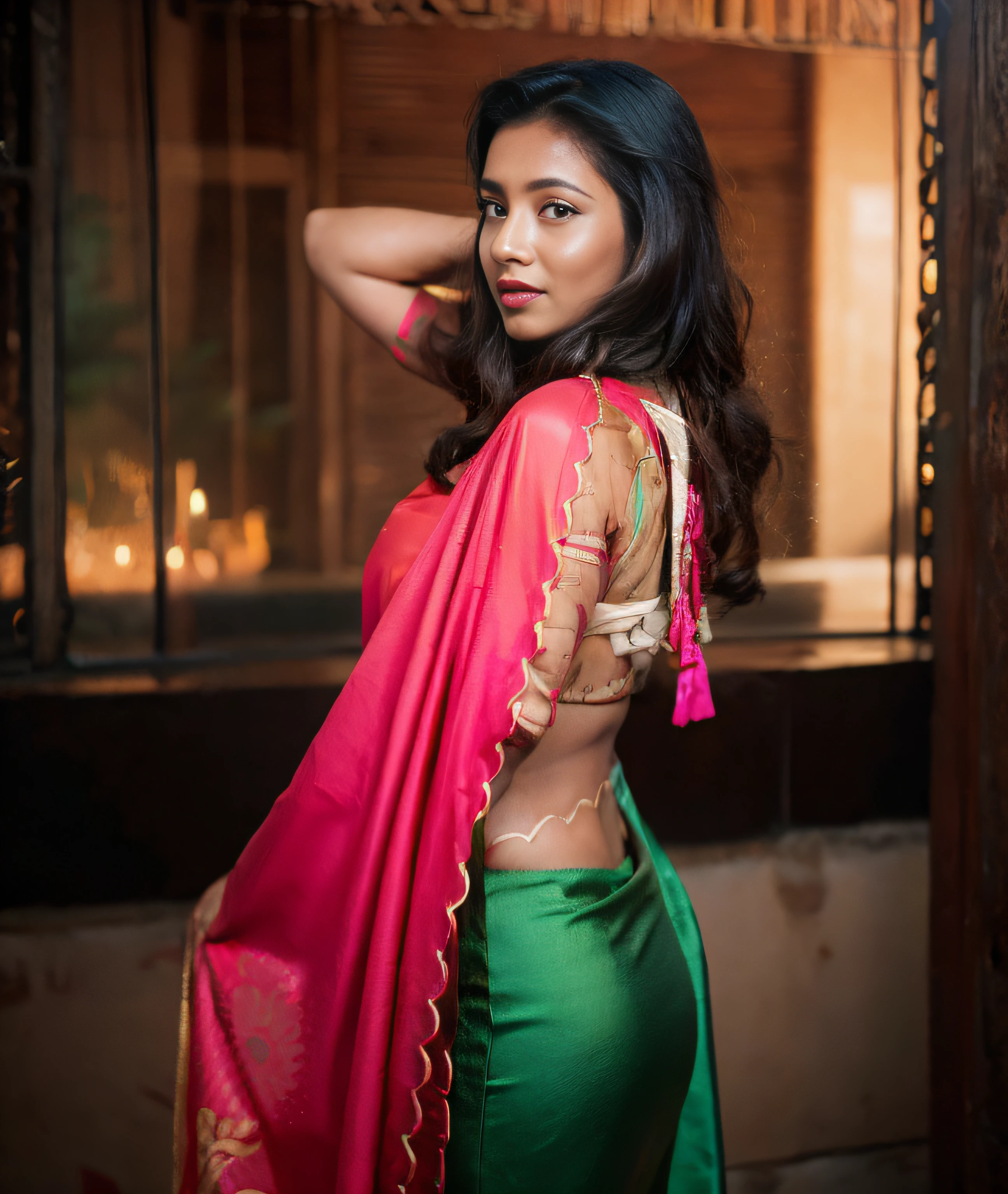 a woman in a green  with dark red lips wearing sari posing for a picture, draped in fleshy off white and pink, showing her shoulder from back, traditional beauty, indian, stylish pose, attractive pose, with lovely look, very seductive pose, back pose, outdoor park background, side pose, posing!!, jaw-dropping beauty, close body shot, hands behind her pose!,   ((film grain, skin details, high detailed skin texture, 8k hdr, dslr)), photography taken by sony DSLR, Hd image