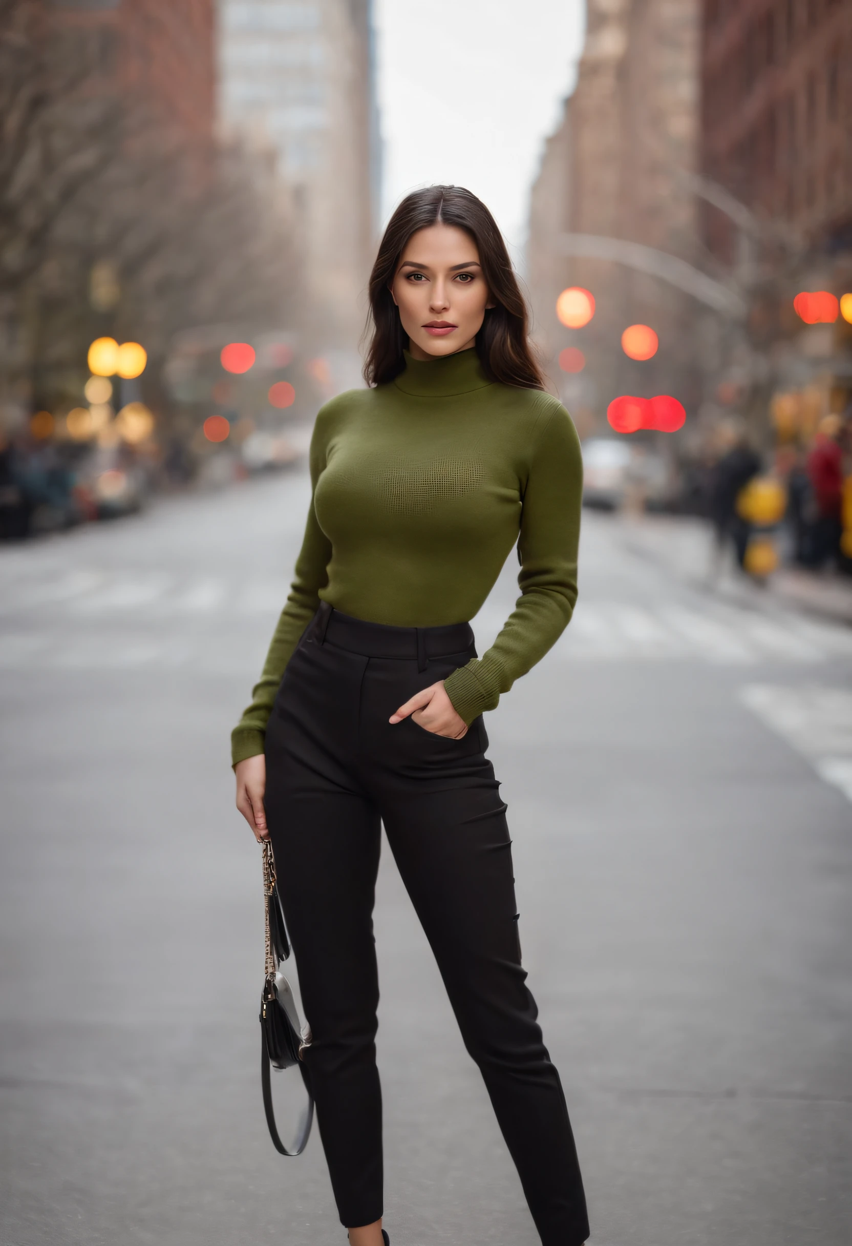 emilisia gomezi, tall, gorgeous, spanish descent, age 23, smooth skin, black hair. red color turtle neck, black fitting pants, simple silver necklace, working at the underground base, highly detailed, well lit, 8k, reviewing artifacts, holding a long whip. amazing detail, slim curvy, tall, wearing olive green, cleavage, wearing sweater, in New York, nyc street