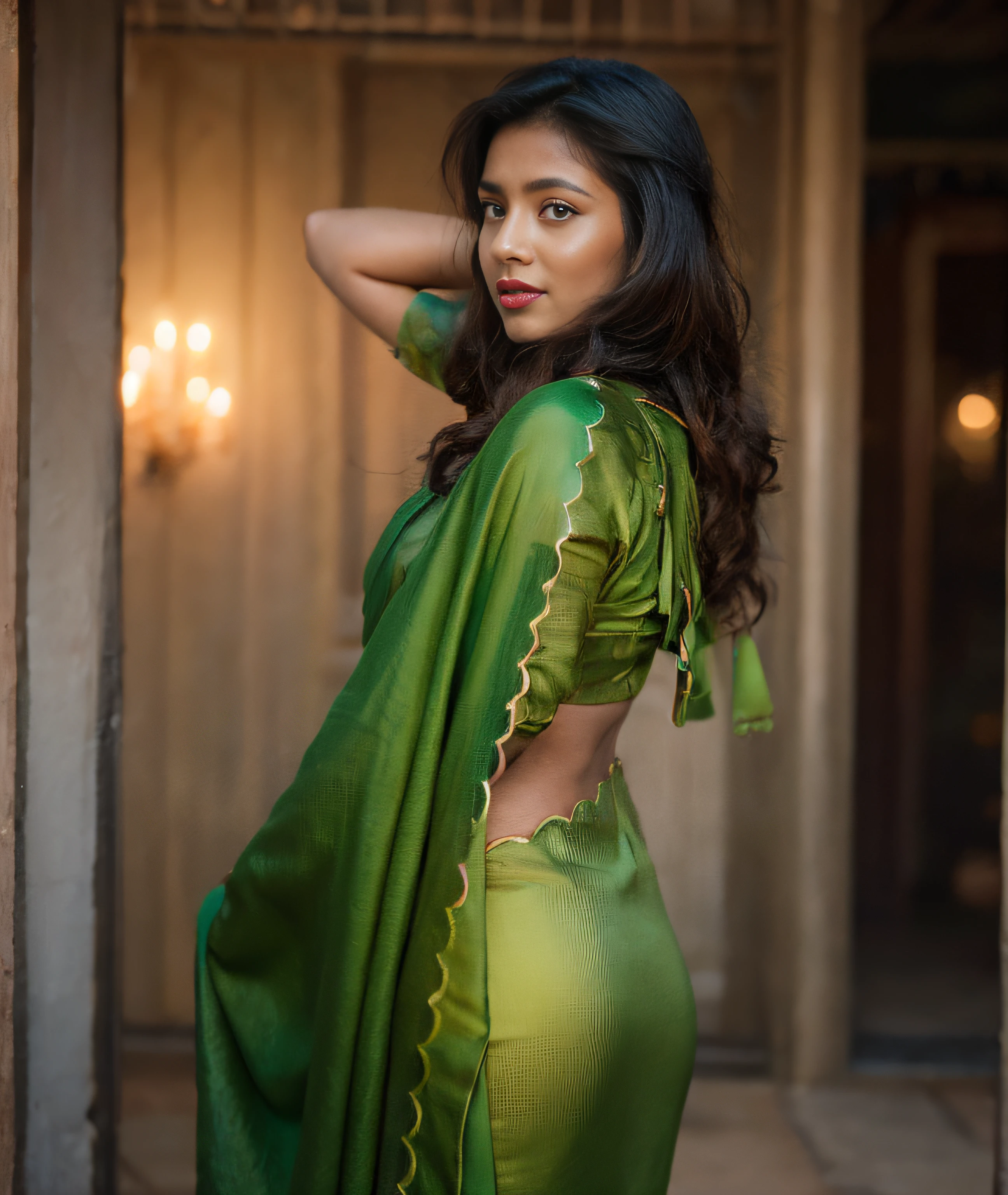 a woman in a green  with dark red lips wearing sari posing for a picture, draped in fleshy green and pink, showing her shoulder from back, traditional beauty, indian, stylish pose, attractive pose, with lovely look, very seductive pose, back pose, outdoor park background, side pose, posing!!, jaw-dropping beauty, close body shot, hands behind her pose!,   ((film grain, skin details, high detailed skin texture, 8k hdr, dslr)), photography taken by sony DSLR, Hd image