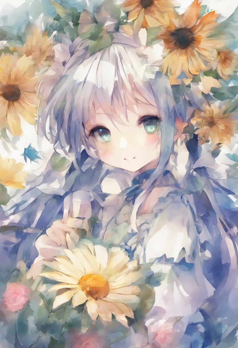 (Acuarelas:1.2),1girll, solamente, Flor, Girasol,peca, retrato, Hojas, flequillo, flor rosa, (Oro claro largo) cabello, ((Delicados ojos azules)), pelo entre los ojos, ((Sakuya Izayoi)), ((Touhou))