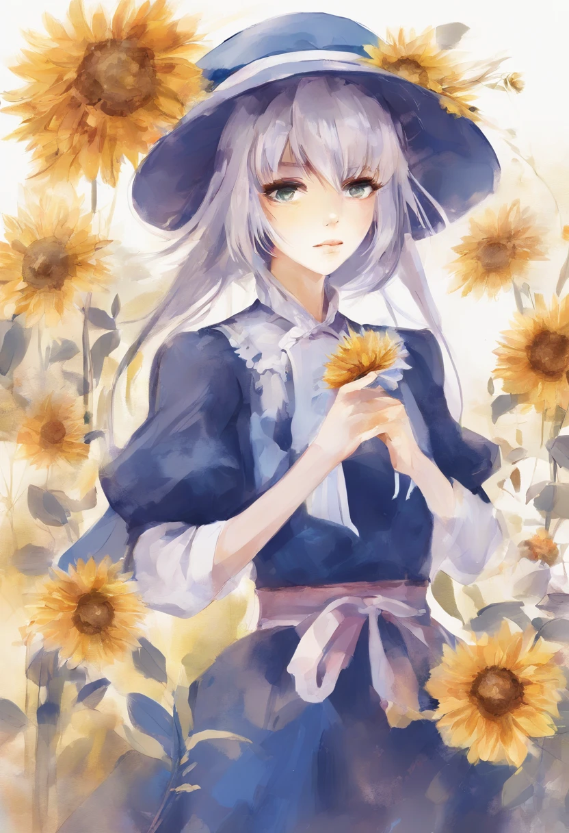 (Acuarelas:1.2),1girll, solamente, Flor, Girasol,peca, retrato, Hojas, flequillo, flor rosa, (Oro claro largo) cabello, ((Delicados ojos azules)), pelo entre los ojos, ((Sakuya Izayoi)), ((Touhou))