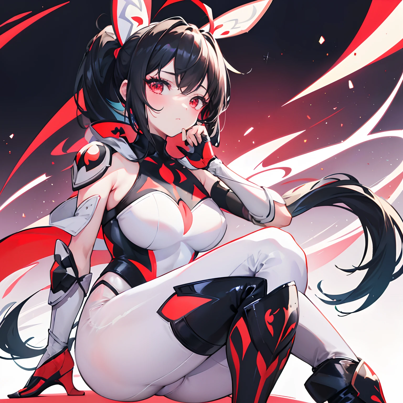 girl, ponytail,black hair,white performer leotard,  pants, boot heels, bunny ears, masquerade ball mask, illustrations, ultra-detailed, vivid colors, portraits, warm color tones, soft lighting,cartoon,miraculous ladybug