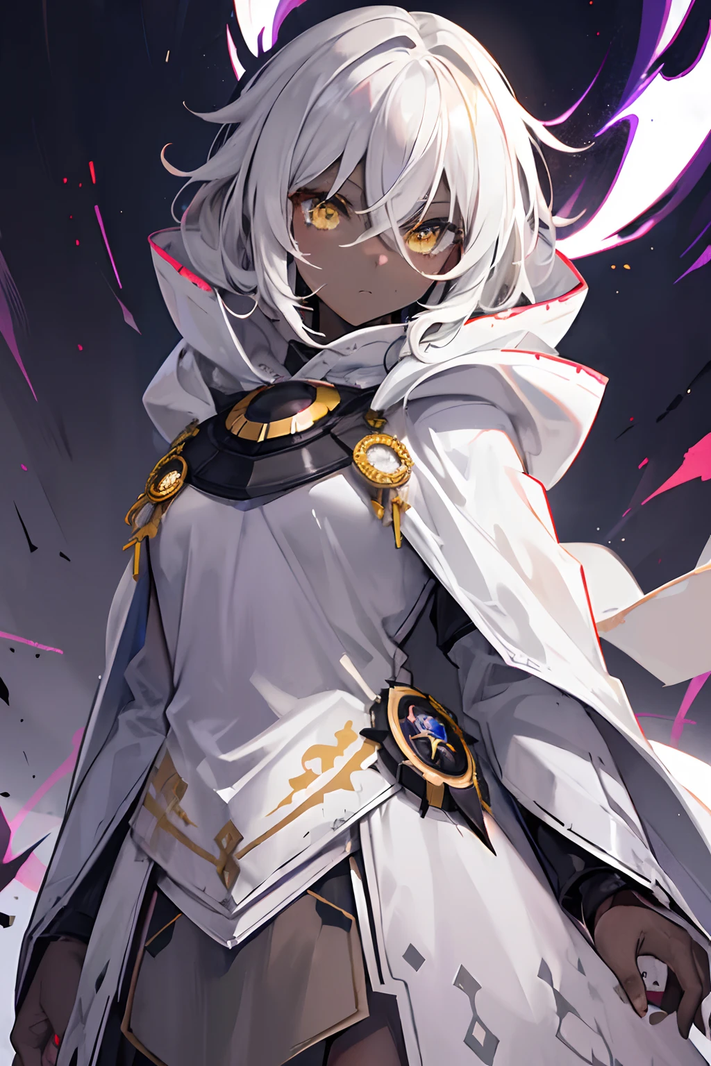 best res, highest res, absurd res, (((((dark skin))))), yellow eyes, whitish hair, (((nomad cloak))), 1girl, absurd res, good face