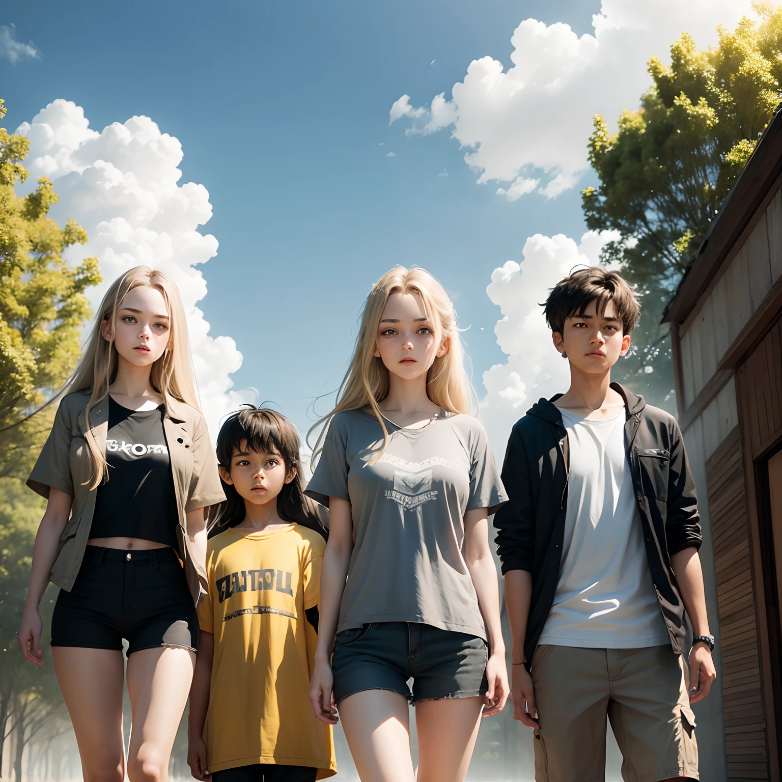 Three people, Behind the boy, There are two girls in front, The boy has blonde hair, black t-shirt, Grey shorts, The girl on the left has green eyes, brown long hair length, beige t-shirt, black shorts, The girl on the left has green eyes, Brown medium-length hair, Grey jacket, dark blue pants, against the background of a clearing
