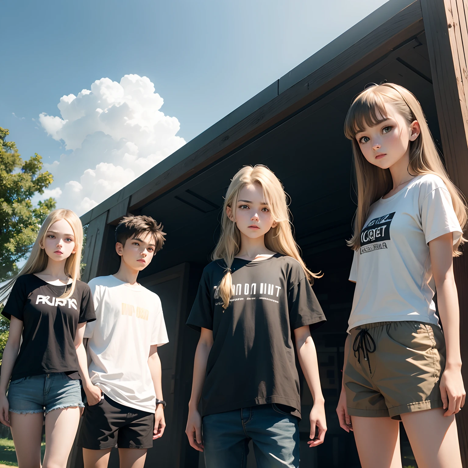 Three people, Behind the boy, There are two girls in front, The boy has blonde hair, black t-shirt, Grey shorts, The girl on the left has green eyes, brown long hair length, beige t-shirt, black shorts, The girl on the left has green eyes, Brown medium-length hair, Grey jacket, dark blue pants, against the background of a clearing