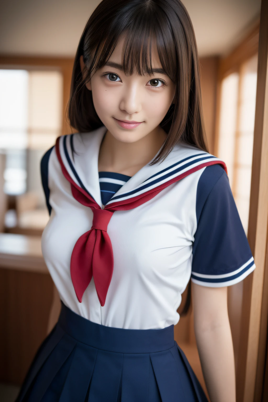 ((Highest quality)), ((Photo quality)), (detailed), Perfect Face,,bed,Upper Body,ponytail,,Sailor suit