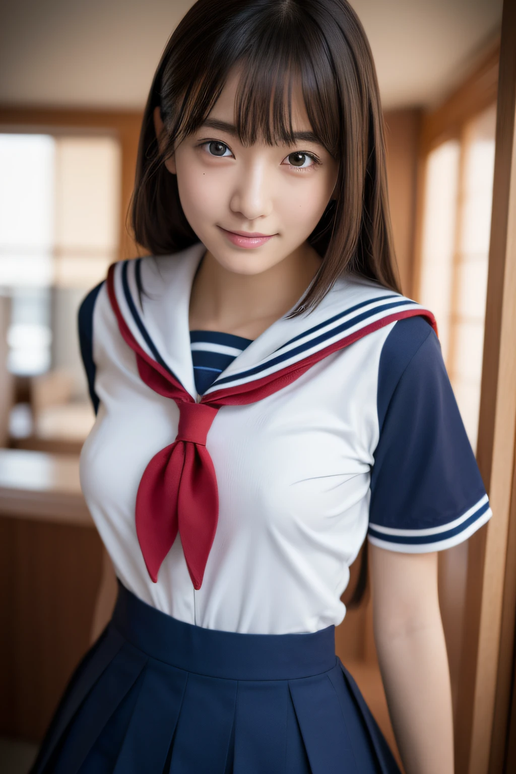 (((Draw only one woman: 2))), Beautiful 18 year old Japan woman, (High school girl in white sailor suit with short sleeves: 1.5), (Strict Japan girls' school white boat uniform: 1.5), (( High school girl sitting on library chair reading: 1.2)), ((1screen)), 8K, RAW shot, top quality photo, masutepiece, Nice realistic photos, ((Anatomically correct proportions: 1.5)), ((Perfect proportions)), Cute woman like an idol in Japan, Detailed face, Detailed eyes, Narrow Nose, Detailed hands and fingers, detailed arms , Detailed skin, Detailed legs, short torso, Slender body, (shiny long hair: 1.5), (Large breasts: 1.5), Big bursting sailor suit, Fit sailor suit, (Reading: 1.5)