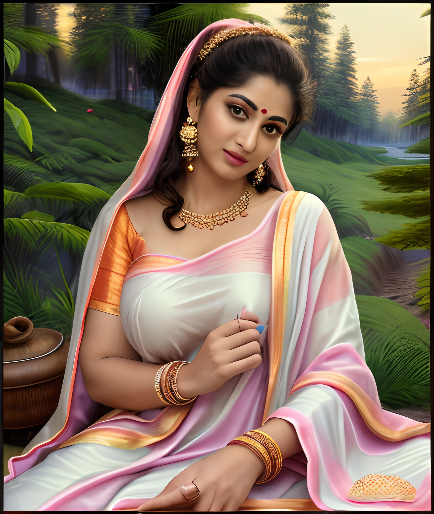 Model photoshoot recreation inspired by a painting, Beautiful Eyes, a woman in a traditional Indian dress, giantess figure, Indian woman, huge breast, milk tank, mallu serial actress, movie actress, beautiful face, mallu auntie, thick hips, booty queen, thick Beauty, Indian ethnic wear, Indian traditional wear, saree, sari, Indian traditional dress, big boobs, Indian housewife,big booty, thick Girl, real woman, charming, fleshy navel, navel fold, huge ass, pawg beauty, captivating, 45 years old woman, perfect face, perfect eyes, perfect body, perfect figure, perfect fingers, aunty, bhabhi, desi bhabhi, desi aunty, mallu, bong, Kerala actress, Malayalam actress, perfect eyes, perfect face, perfect fingers, extremely gorgeous woman, beautiful housewife, beautiful aunty, High clarity eyes, shoot in Sony A7 mark II, Sony A7 mark II, 24-70mm , F/4.0 ZA OSS ZEISS, mirrorless camera, shot by Sony, extremely real, realism, flawless, retouched, beautiful eyes