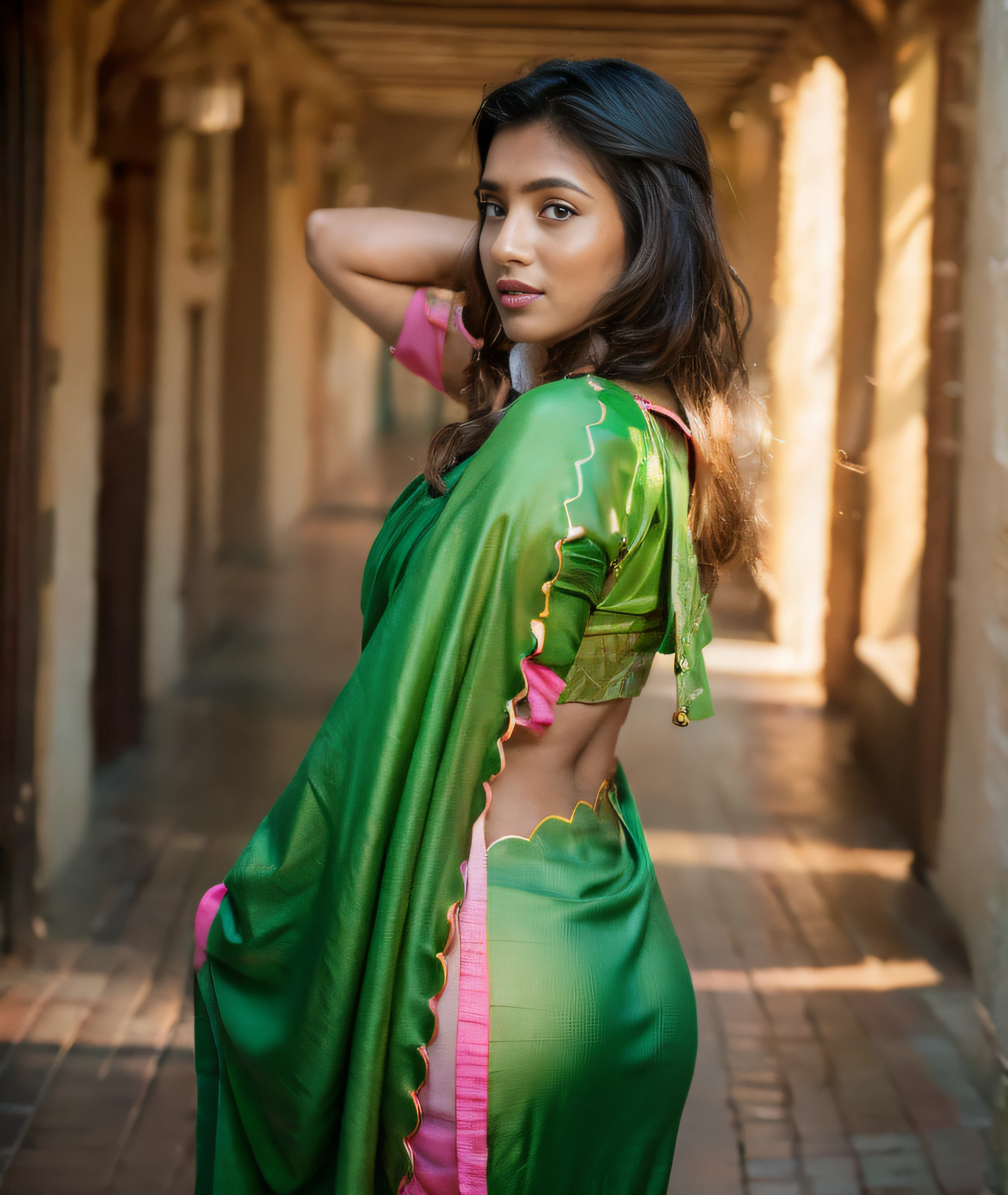 a woman in a green sari posing for a picture, draped in fleshy green and pink, showing her shoulder from back, traditional beauty, indian, stylish pose, attractive pose, with lovely look, very seductive pose, back pose, pastel green, outdoor park, side pose, posing!!, jaw-dropping beauty, close body shot, hands behind her pose!,   ((film grain, skin details, high detailed skin texture, 8k hdr, dslr)), photography taken by sony DSLR, Hd image