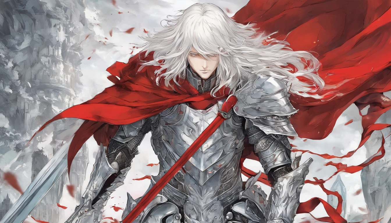 One Male albino knight with long hair, wearing heavy armor with a red hood carrying a long swords