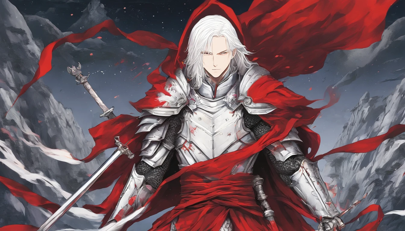 One Male albino knight with long hair, wearing heavy armor with a red hood carrying a long swords