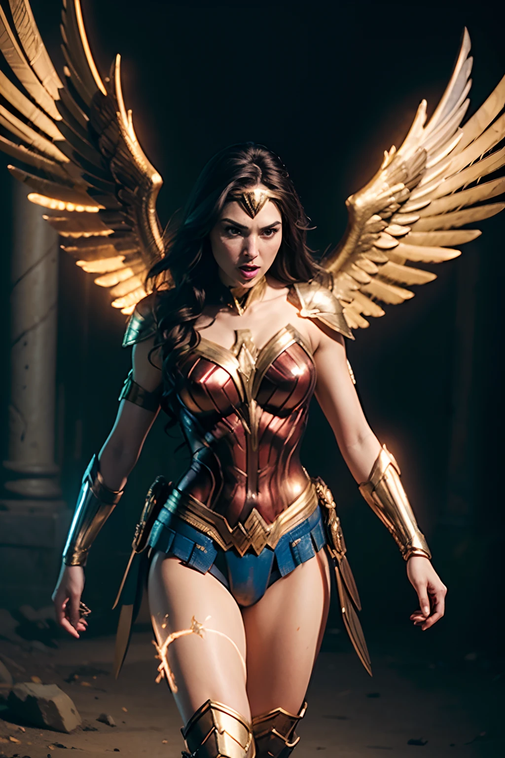 Gal Gadot as Wonder Woman, ((wearing golden eagle armor with mechanical wings)), (glowing lights), (muscular body), (dynamic pose), (hyper realistic:1.4), (realistic:1.3), (best quality real texture skin), full body, (Cinematic Light), highly detailed skin, skin pores, (highly detailed face:1.1), (highly detailed eyes:1.1), realistic pupils, (perfect anatomy:1.1), (perfect proportions:1.1), (photography:1.1), (photorealistic:1.1), volumetric lighting, dynamic lighting, real shadows, (highres:1.1), sharp focus, daylight, (realistic, hyperrealistic:1.4), intricate, high detail, dramatic, subsurface scattering, big depth of field, vivid, polished, sharpened, ((full Sharp)), (extremely absurdres),8k hdr