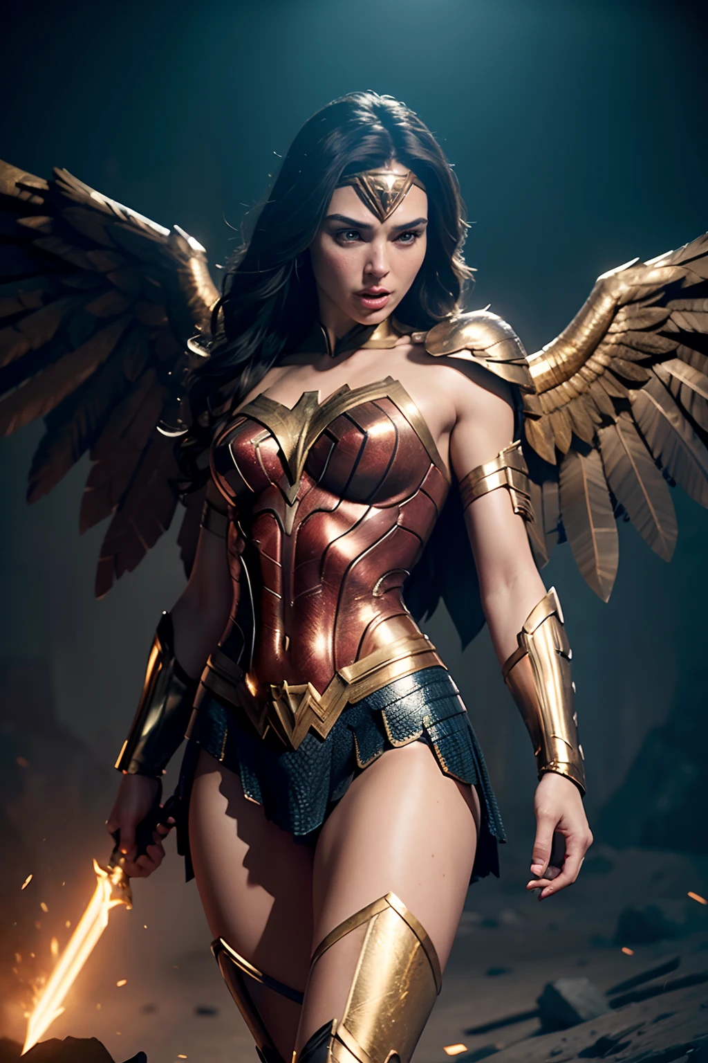 Gal Gadot as Wonder Woman, ((wearing golden eagle armor with mechanical wings)), (glowing lights), (muscular body), (dynamic pose), (hyper realistic:1.4), (realistic:1.3), (best quality real texture skin), full body, (Cinematic Light), highly detailed skin, skin pores, (highly detailed face:1.1), (highly detailed eyes:1.1), realistic pupils, (perfect anatomy:1.1), (perfect proportions:1.1), (photography:1.1), (photorealistic:1.1), volumetric lighting, dynamic lighting, real shadows, (highres:1.1), sharp focus, daylight, (realistic, hyperrealistic:1.4), intricate, high detail, dramatic, subsurface scattering, big depth of field, vivid, polished, sharpened, ((full Sharp)), (extremely absurdres),8k hdr