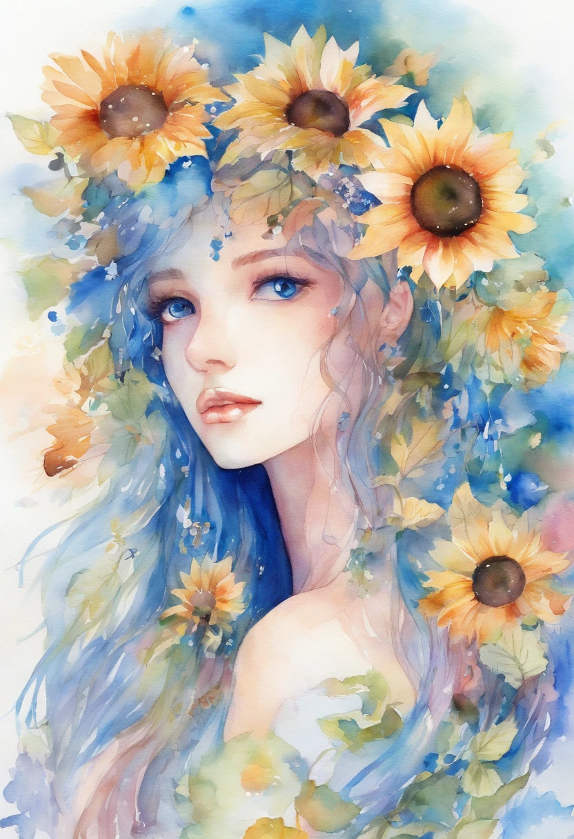 (Aquarelles:1.2),1fille, seulement, fleur, Tournesol,PECA, portrait, Feuilles, frange, Fleur rose, (Or clair long) cheveux, ((Delicate blue eyes)), cheveux entre les yeux, ((Sakuya Izayoi)), ((lust))