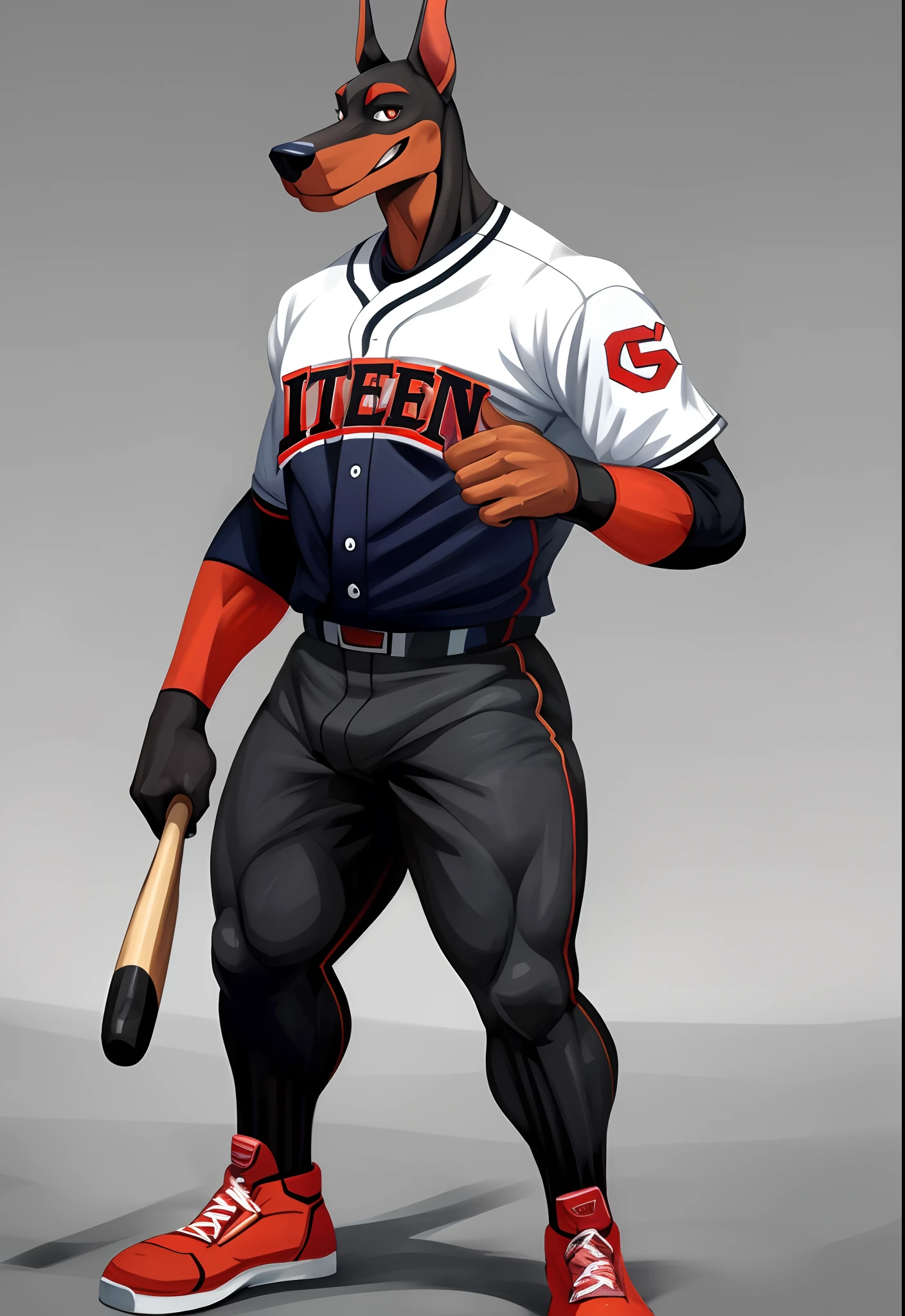 masterpiece, high quality, absurd res, digital painting, \(artwork\), anime style, solo, 1 male, Doberman male, muscular body, baseball uniform, sliding pants, undershirt, baseball tights, smile, full body