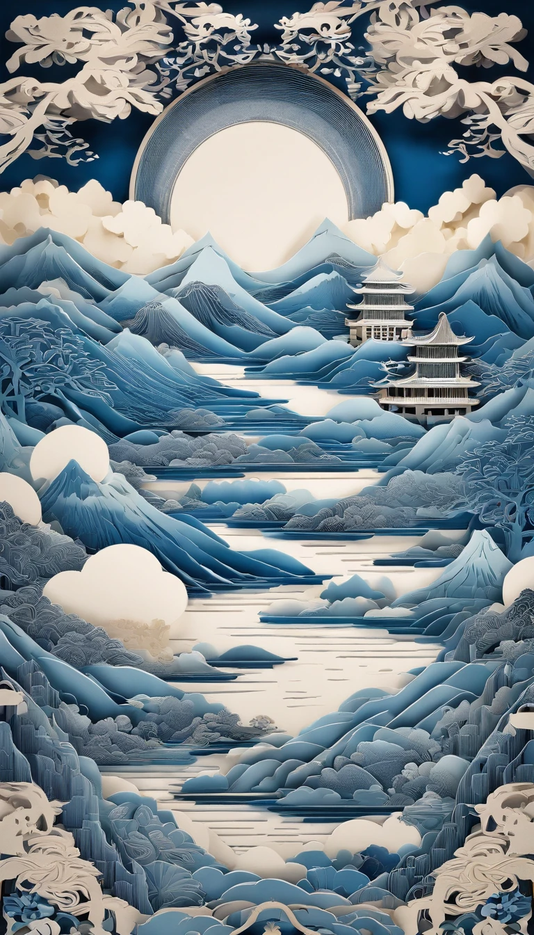 Chinese illustration on blue background, Auspicious clouds, 16k, 。.3D, Pastel, mountain ranges, Many Chinese buildings, ,gardens,mountain water,Sea of clouds,multi dimensional paper quilling, Tunnel composition, Warm light, hyper HD, Elevation perspective,Ultra photo realsisim, morandi color, Exquisite details, Broad perspectives, Epic detail