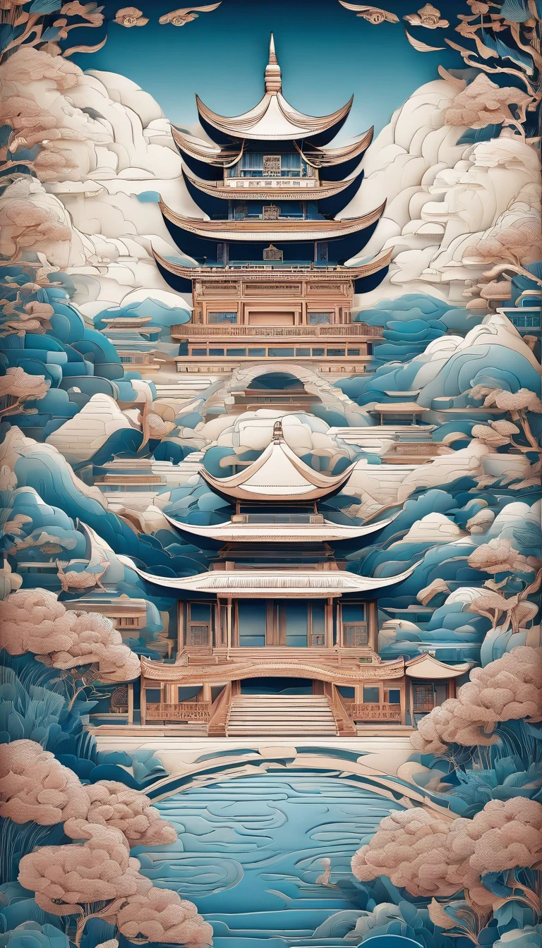 Chinese illustration on blue background, Auspicious clouds, 16k, 。.3D, Pastel, mountain ranges, Many Chinese buildings, ,gardens,mountain water,Sea of clouds,multi dimensional paper quilling, Tunnel composition, Warm light, hyper HD, Elevation perspective,Ultra photo realsisim, morandi color, Exquisite details, Broad perspectives, Epic detail