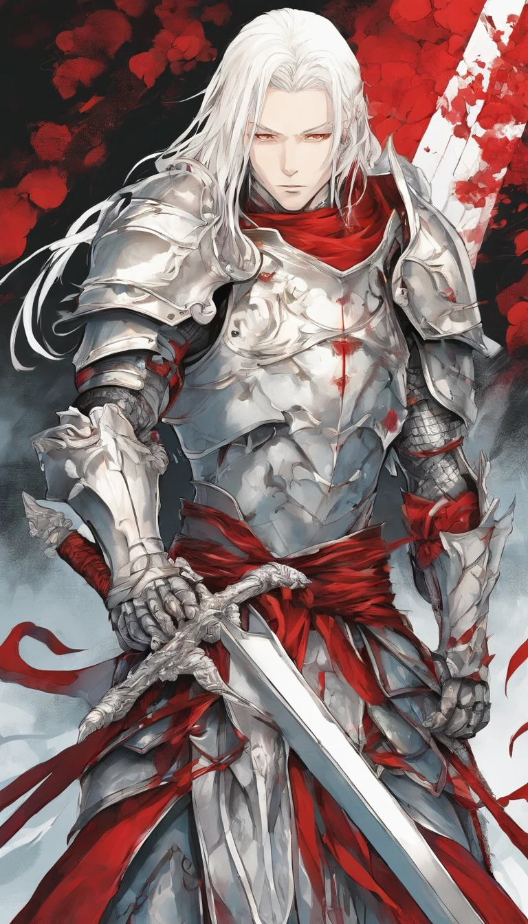 mtu, (Holy Light Cross decoration on armor, The shoulders are decorated with golden lion's heads), Red and black armor, silver-white long hair, Wears a red and black knight's helmet, Cover your face, ((Golden-yellow glowing eyes)), The red tattered cloak swayed in the wind, Holding a heavy black and blue rune luminous sword, Ride an armed horse, Shot from an elevation angle, brutalist, god light, blend, hyper HD, A high resolution, Cinematic lighting, Chiaroscuro, projected inset, Wide shot, Wide-angle, Anatomically correct, Textured skin, Masterpiece, Super detail, High details, High quality, Best quality, 8K
