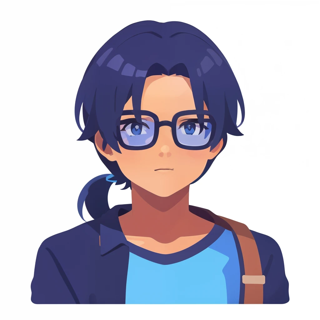 coloredic0n icon, ik1, 1st grade,Boy with blue glasses,cabelo pequeno estiloso preto e azul, olhos castanhos,  camisa azul, bermuda preto jeans osso dos desenhos animados, adolescente, what background,