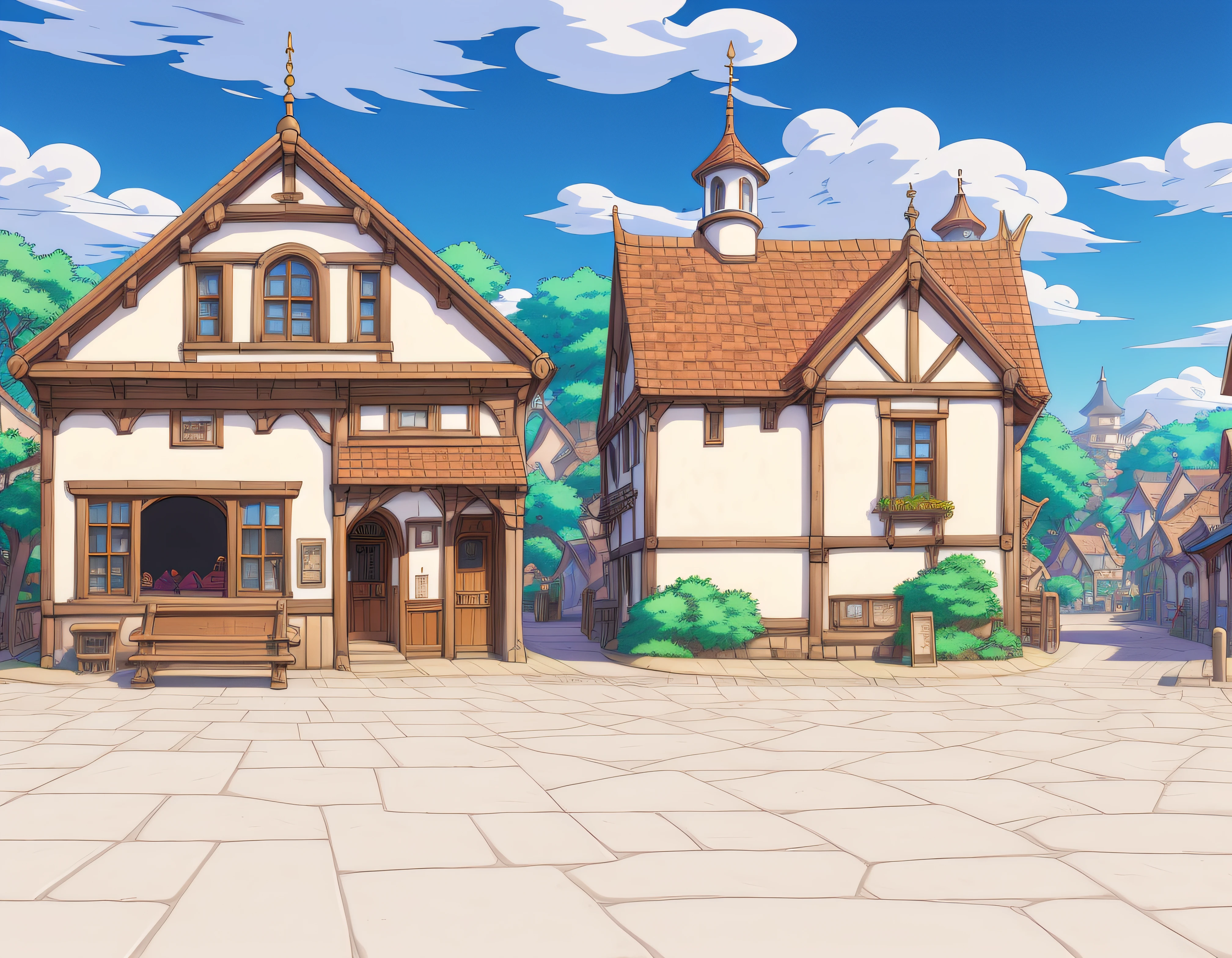 Anime-style architecture，There are benches and a horse in front, town center background, town background, town in the background, tavern background, Anime background art, arte de fundo, Some houses in the background, distant village background, anime backgrounds, fundo de casa, background hyper detailed, anime style cityscape, fantasy tavern background, arena background, small town surrounding