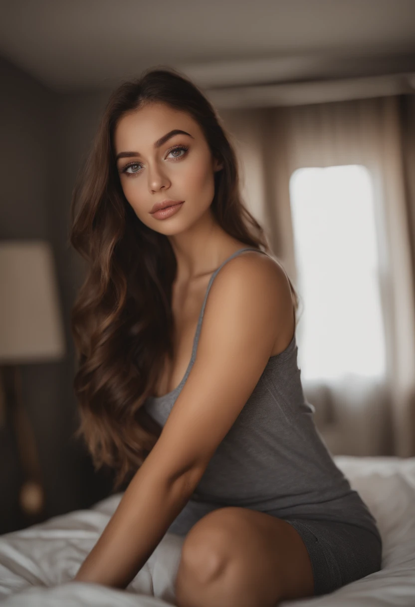 arafed woman with matching tank top and panties, sexy girl with brown eyes, portrait sophie mudd, brown hair and large eyes, selfie of a young woman, bedroom eyes, violet myers, without makeup, natural makeup, looking directly at the camera, face with artgram, subtle makeup, stunning half body shot, in bedroom, cleavage