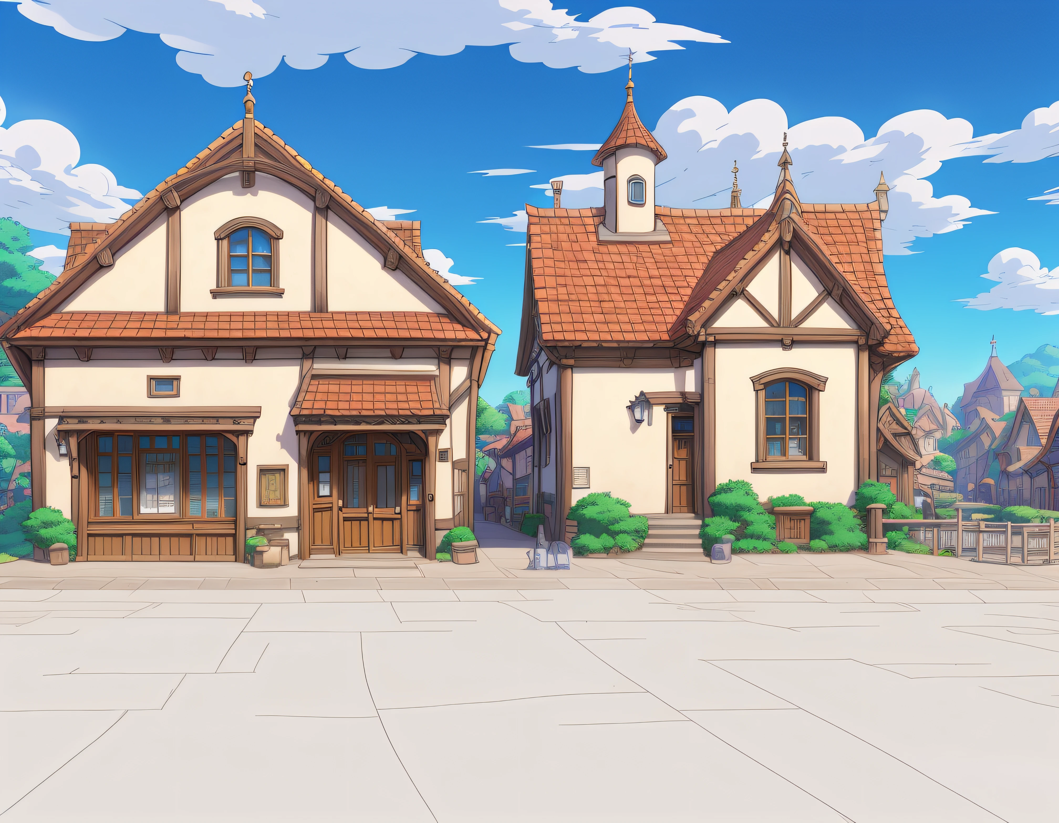 Anime-style architecture，There are benches and a horse in front, town center background, town background, town in the background, tavern background, Anime background art, arte de fundo, Some houses in the background, distant village background, anime backgrounds, fundo de casa, background hyper detailed, anime style cityscape, fantasy tavern background, arena background, small town surrounding