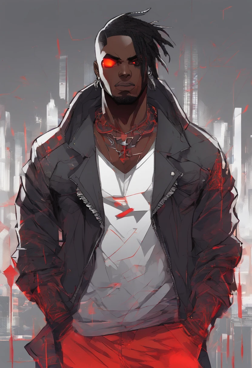 masterpiece, best quality, 1boy, t shirt, leather jacket, open jacket, muscular, scar across right eye , smug, dark skin, cybergoth clothing, black hair, red streaks, orange-red eyes, black skin, neon lights, city. African American male with faded haircut, On his upper body, he wears three layers of clothes: a button-up white shirt with a protruding collar kept partially buttoned, a plain gray hoodie, and a black leather jacket with a red interior, two horizontal white lines on each sleeve, and a red tribal design on the back. On his lower body, he wears plain blue jeans and black shoes