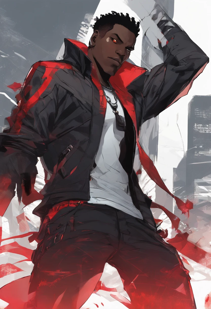 masterpiece, best quality, 1boy, t shirt, leather jacket, open jacket, muscular, scar across right eye , smug, dark skin, cybergoth clothing, black hair, red streaks, orange-red eyes, black skin, neon lights, city. African American male with faded haircut, On his upper body, he wears three layers of clothes: a button-up white shirt with a protruding collar kept partially buttoned, a plain gray hoodie, and a black leather jacket with a red interior, two horizontal white lines on each sleeve, and a red tribal design on the back. On his lower body, he wears plain blue jeans and black shoes